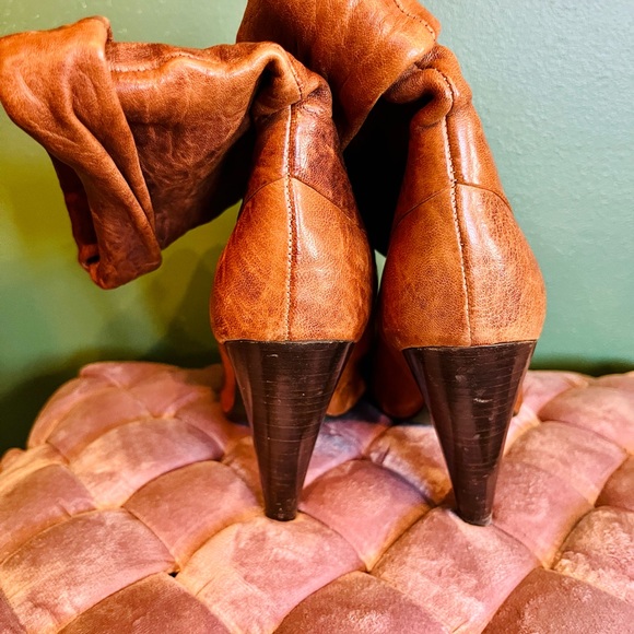Vintage Cognac Italian Leather Slouchy Booties with Wood Stacked Heel - Picture 3 of 7